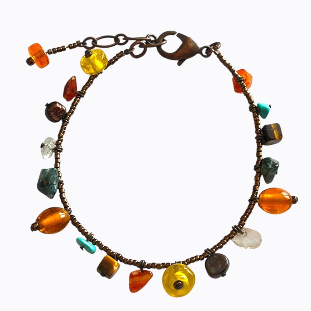 Boho Stone Glass Dangle Bead Charm Bracelet Antiqued Copper Tone Dainty Jewelry